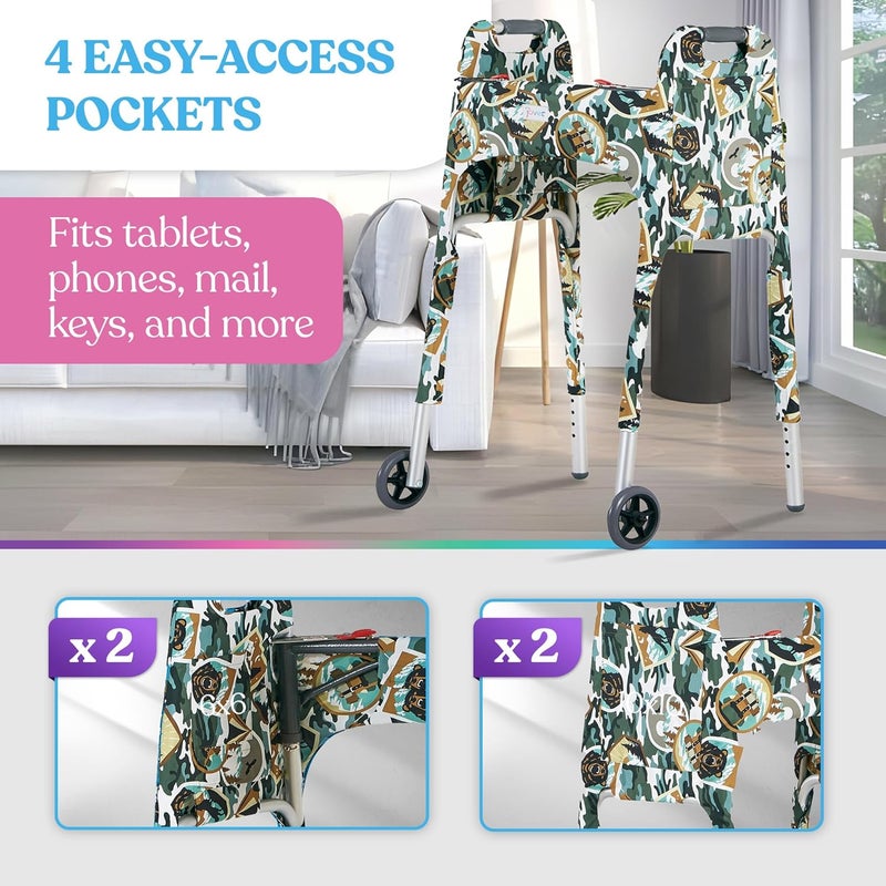Jover – Walker Covers (Happy Camper) – Colorful Fabric Cover for Standard Folding Walker Mobility Aid with Pockets, Easy Fit Senior Walker Accessories, Washable Polyester, + Matching Storage Bag - Image 4